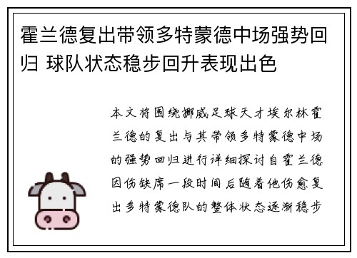 霍兰德复出带领多特蒙德中场强势回归 球队状态稳步回升表现出色