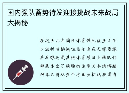 国内强队蓄势待发迎接挑战未来战局大揭秘