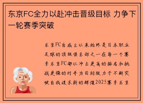 东京FC全力以赴冲击晋级目标 力争下一轮赛季突破